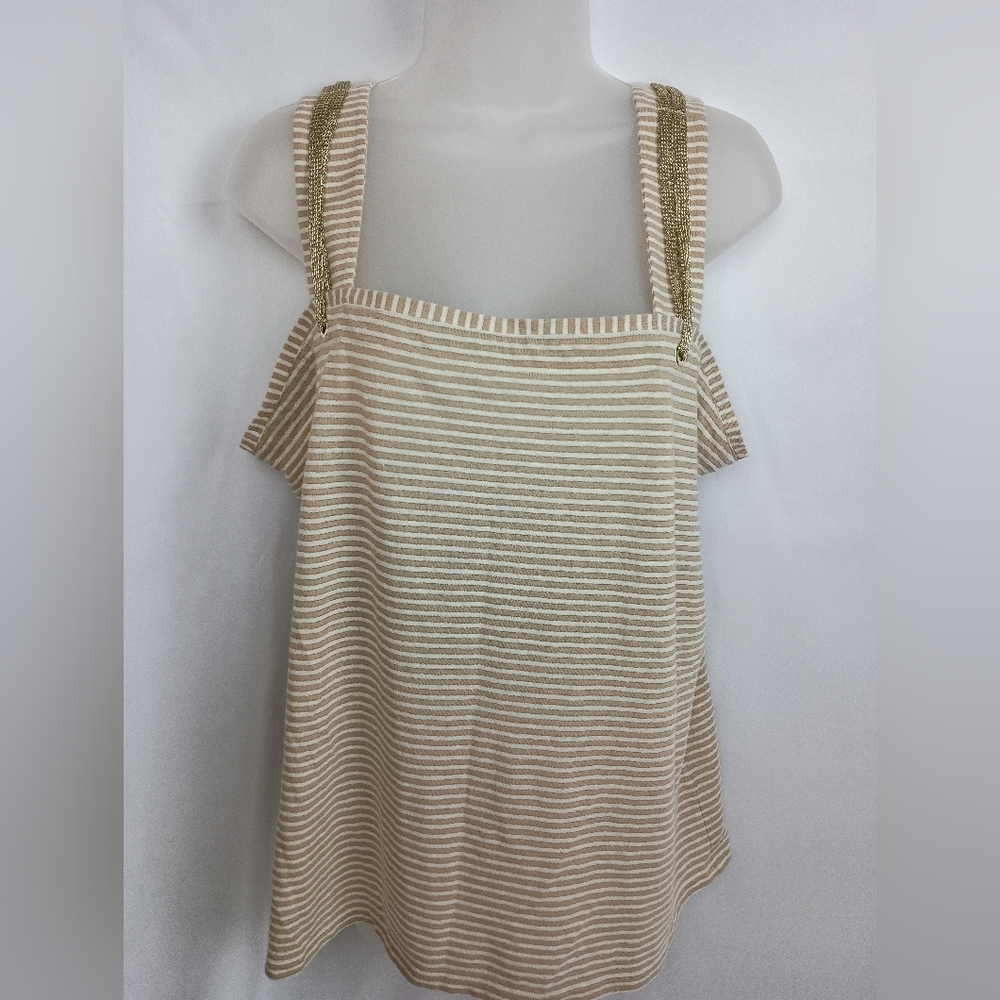 Striped Beige White Coastal‎ Beach summer Gold Chain SOFT SURROUNDINGS L Top